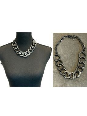 R.J. Graziano Gunmetal Silver tone Chrome chain link chunky necklace rhinestone